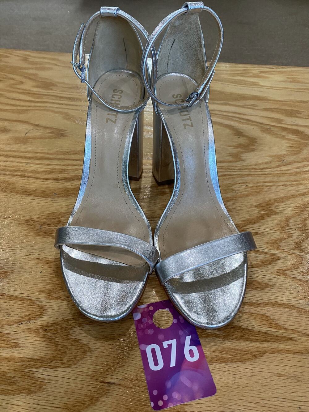Schutz Women's 11 B Silver Leather Ankle Strap Buckle Open Toe Block Heel
